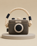 Retro Snapshot Camera Rope Toy — herringbone plush body with cotton rope strap