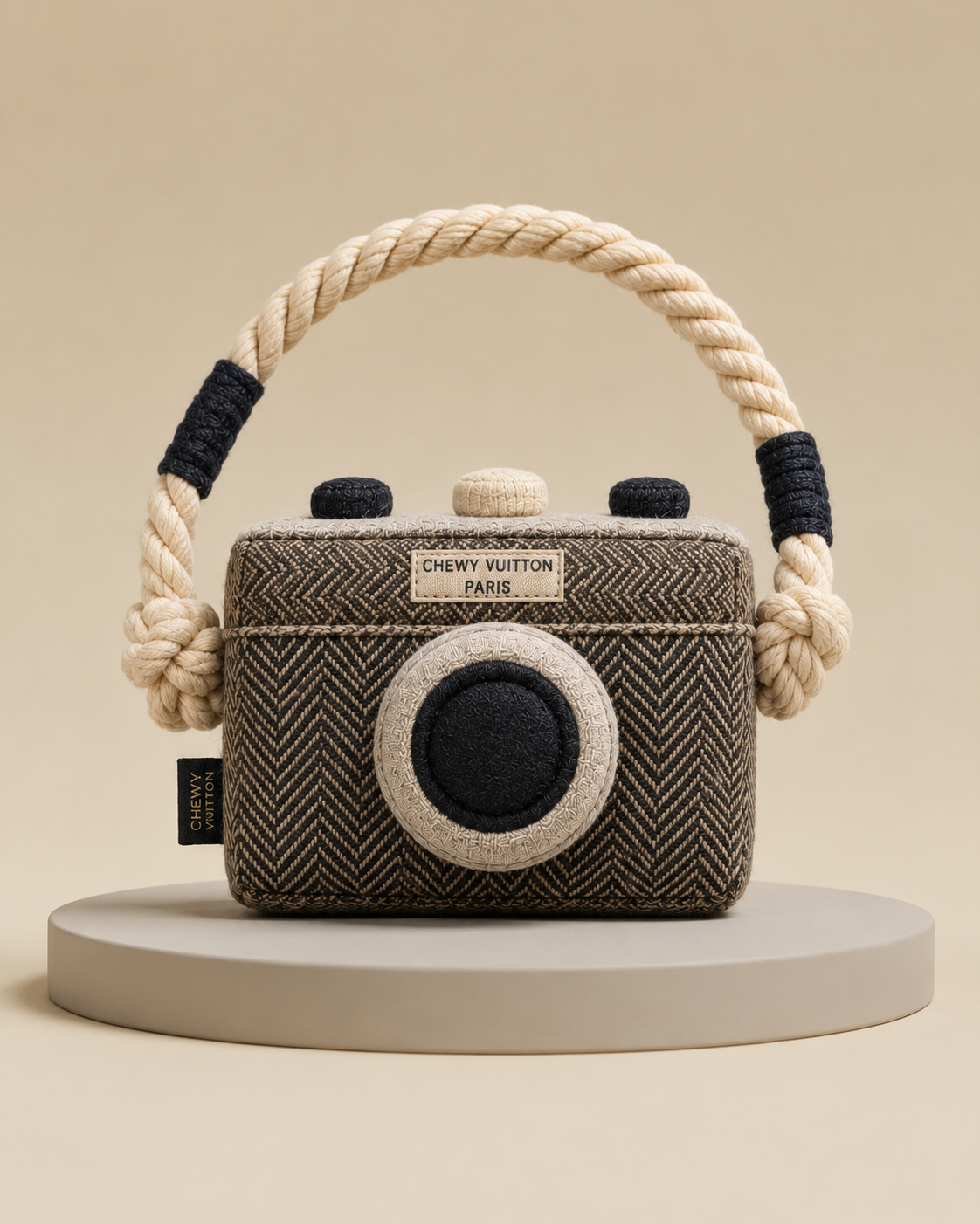 Retro Snapshot Camera Rope Toy — herringbone plush body with cotton rope strap