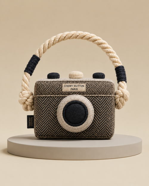 Retro Snapshot Camera Rope Toy — herringbone plush body with cotton rope strap